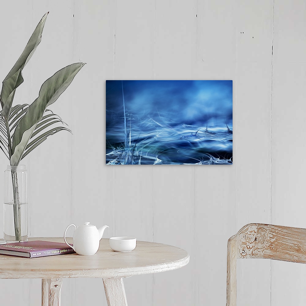 A farmhouse room featuring Abstract digital art with blue, black, and white hues resembling moving water.