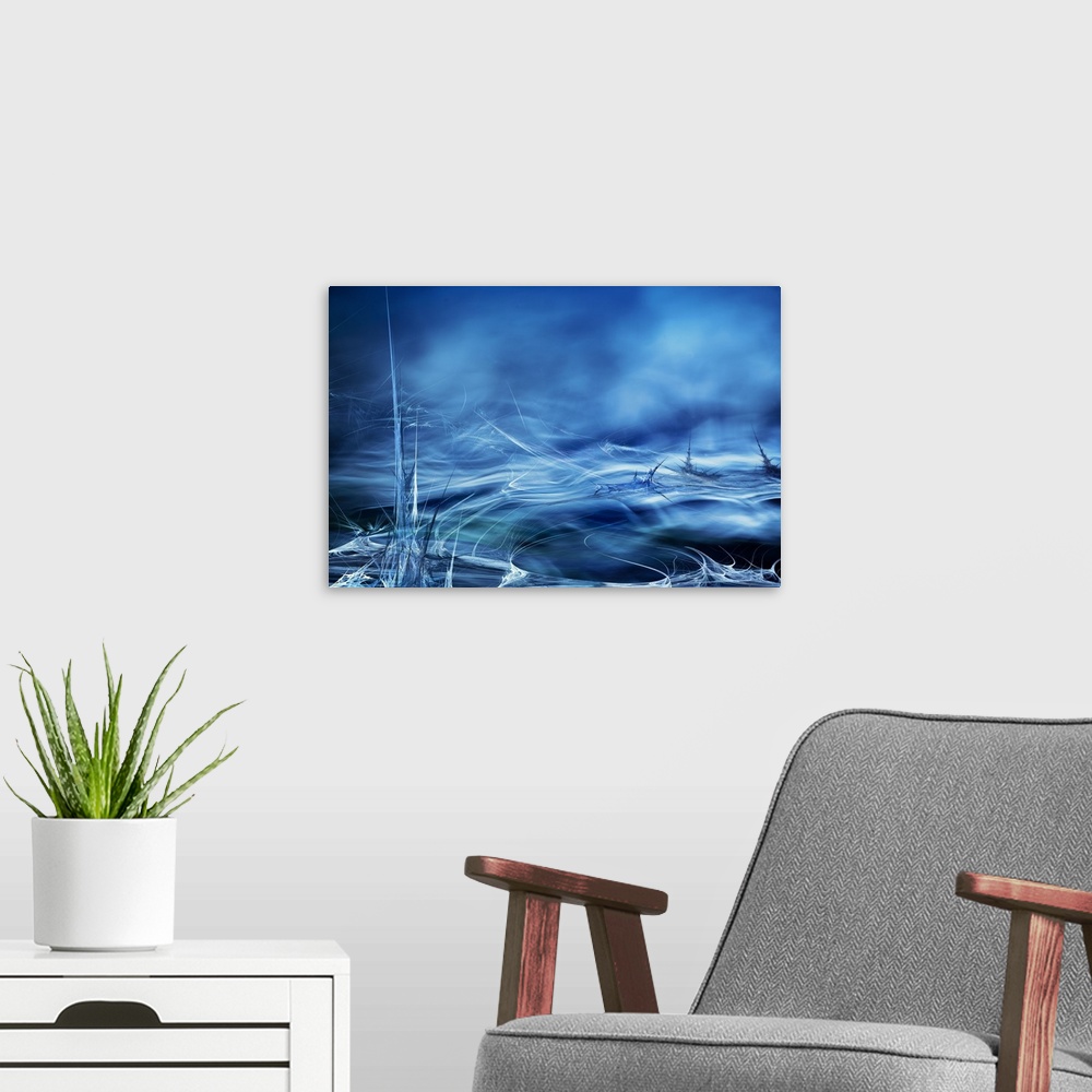 A modern room featuring Abstract digital art with blue, black, and white hues resembling moving water.