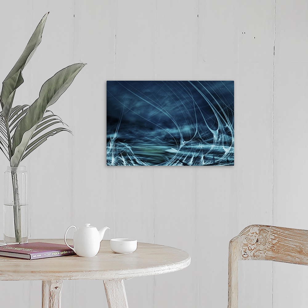 A farmhouse room featuring Abstract digital art with blue, green, and white hues resembling water splashing.