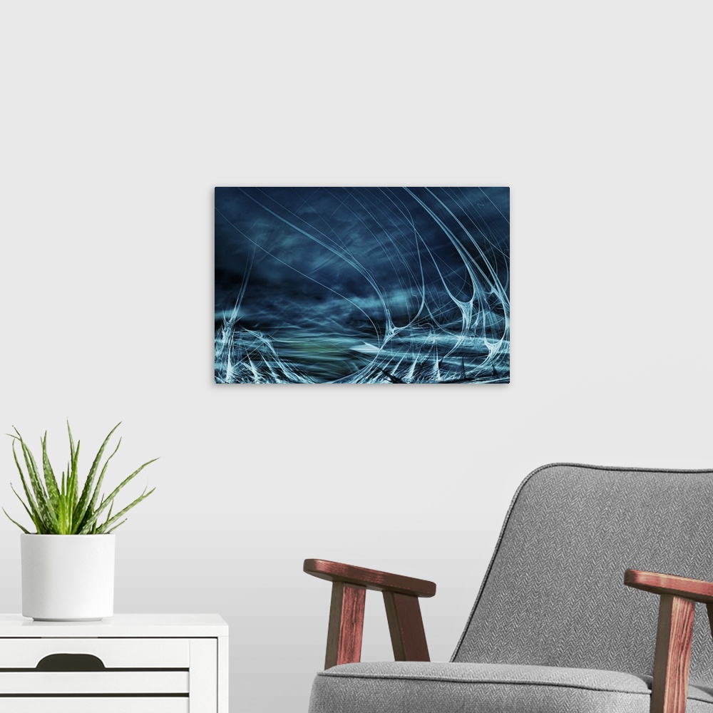 A modern room featuring Abstract digital art with blue, green, and white hues resembling water splashing.