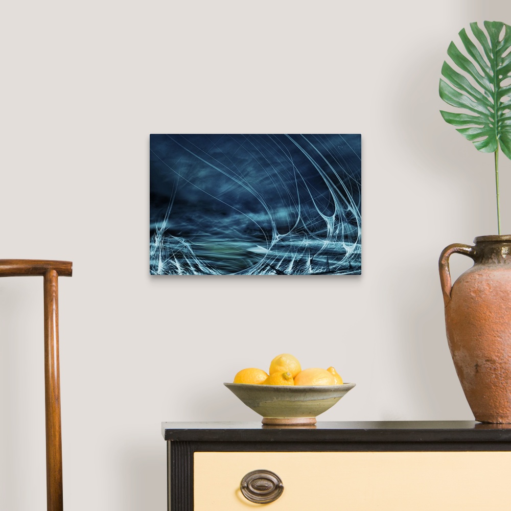 A traditional room featuring Abstract digital art with blue, green, and white hues resembling water splashing.