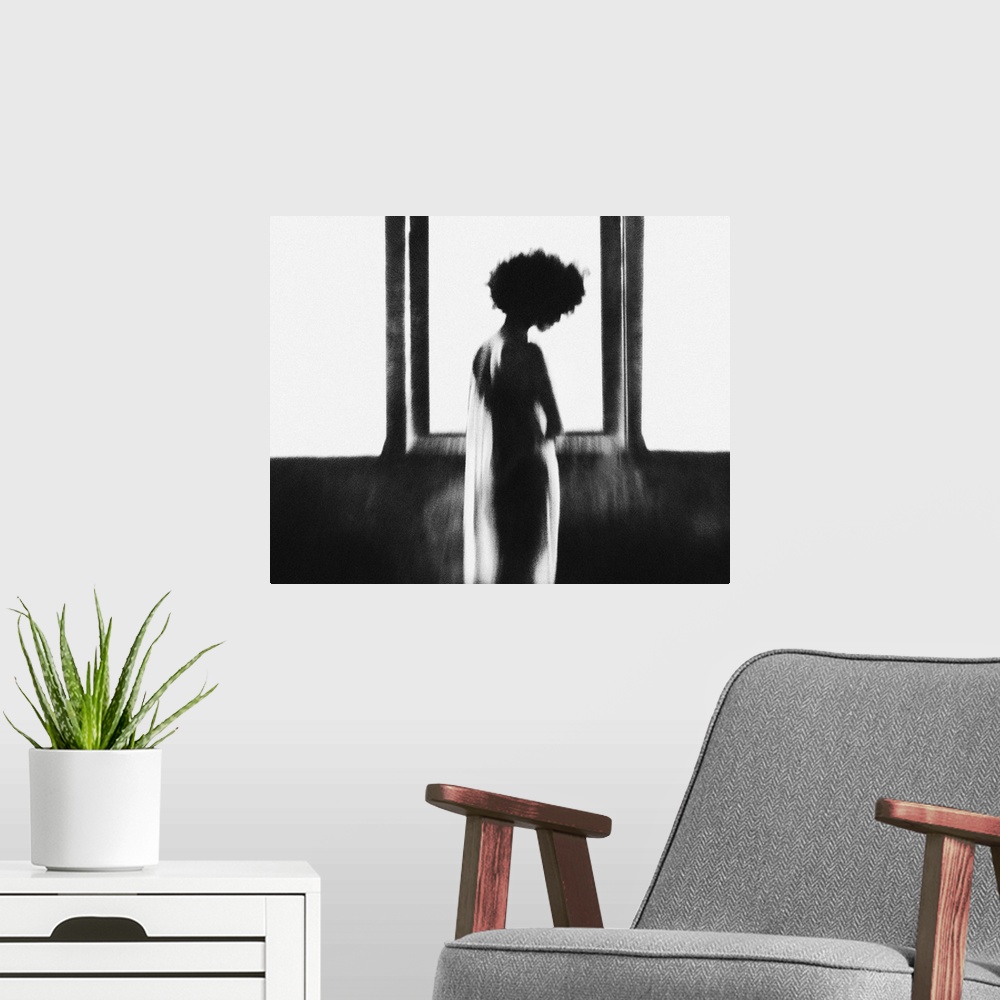 A modern room featuring A silhouetted female figure in sheer cloth stands in front of a large glowing window.