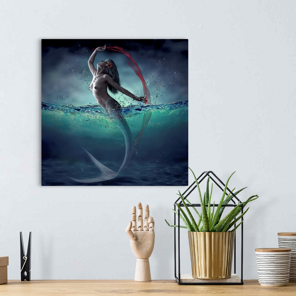 A bohemian room featuring Fantasy image of a mermaid leaping out of the water with a red veil.