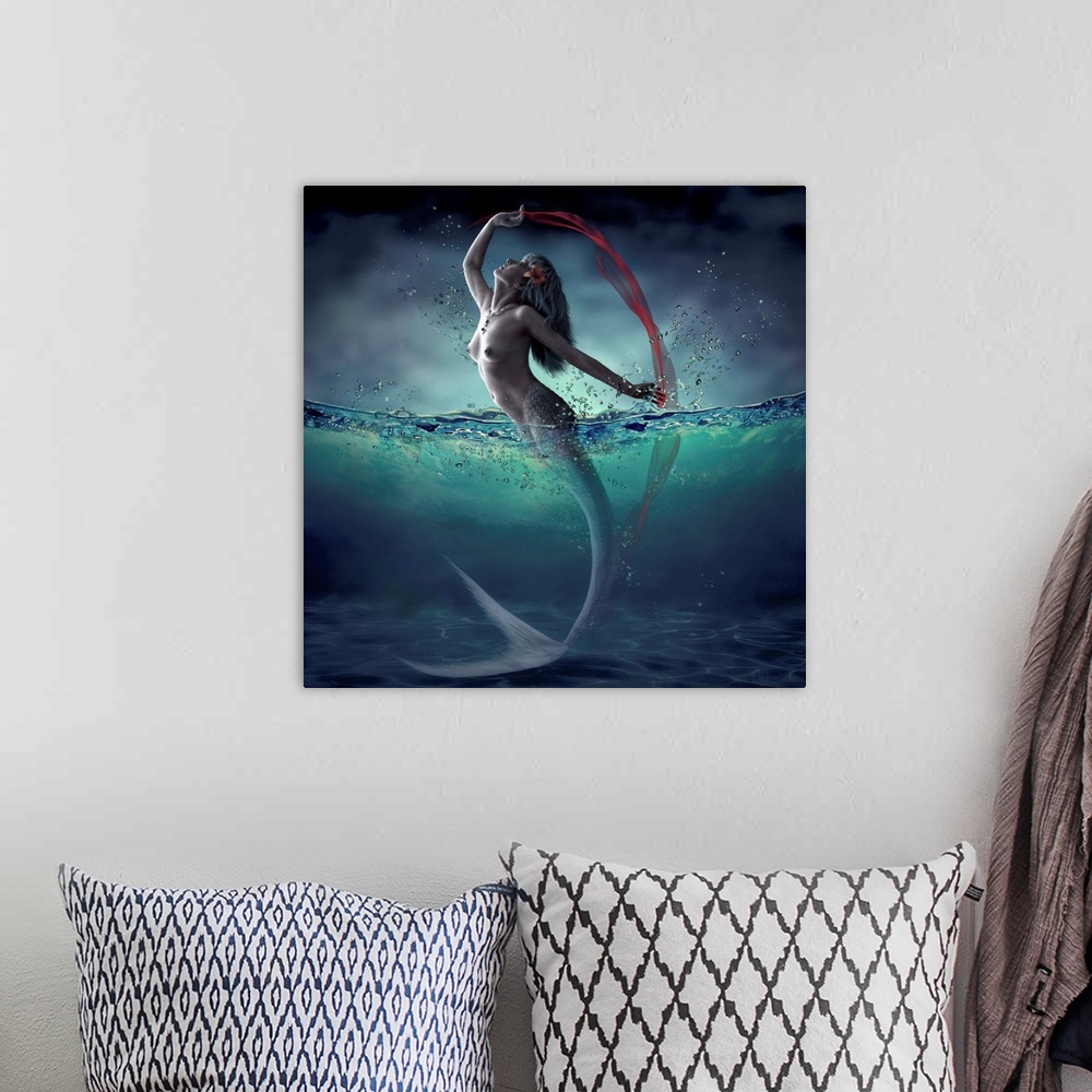 A bohemian room featuring Fantasy image of a mermaid leaping out of the water with a red veil.