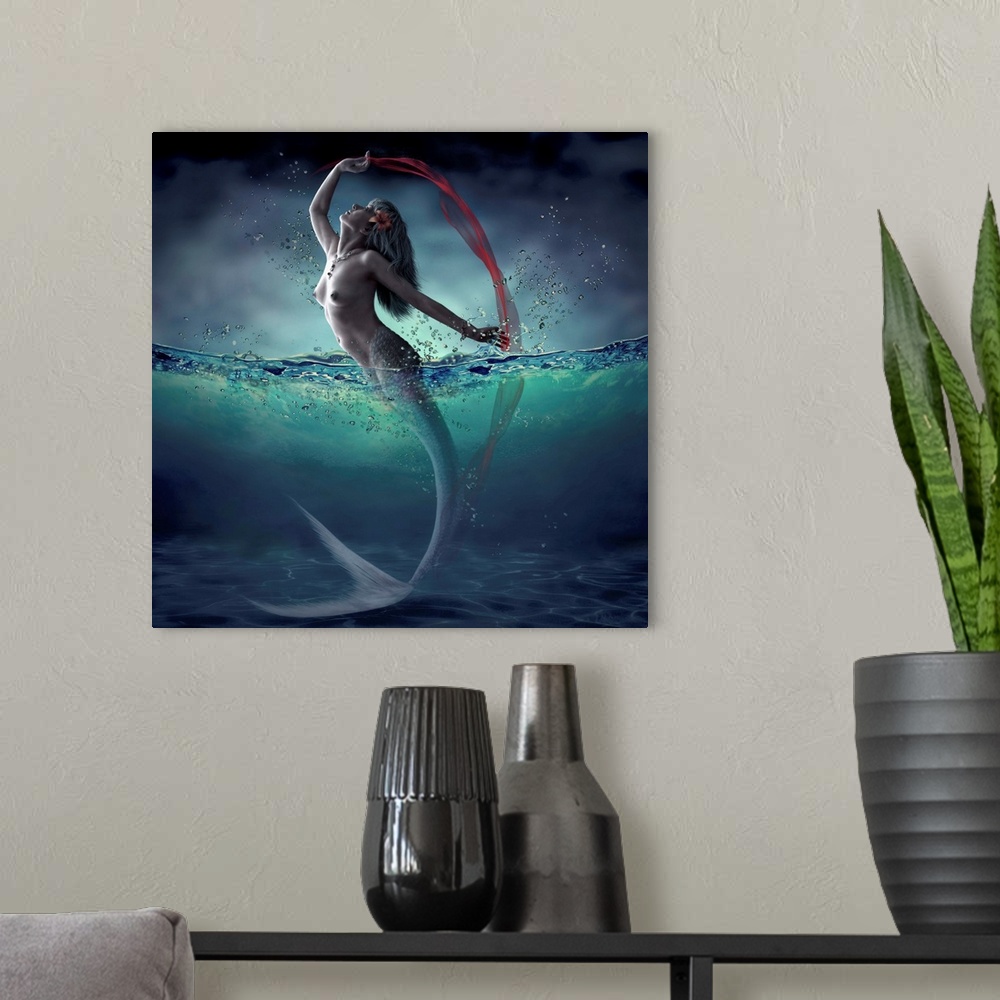 A modern room featuring Fantasy image of a mermaid leaping out of the water with a red veil.