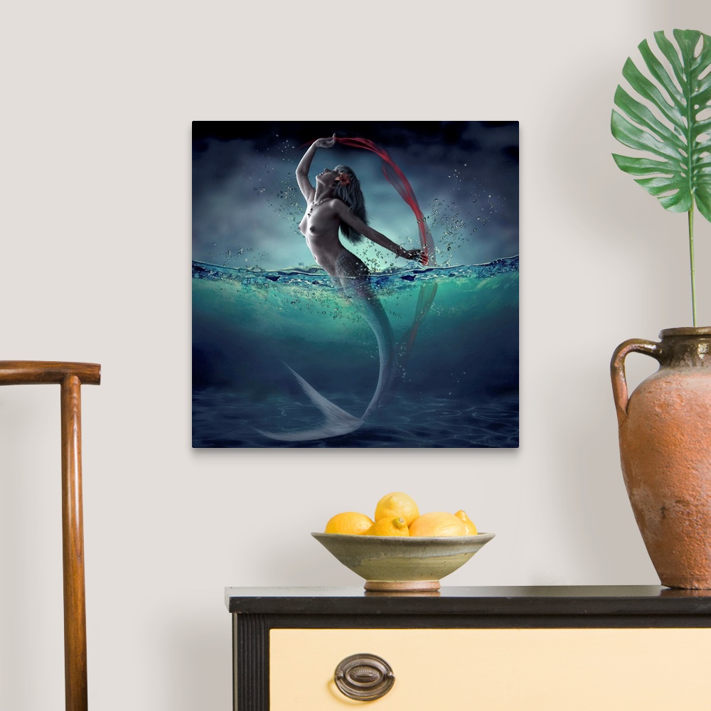 A traditional room featuring Fantasy image of a mermaid leaping out of the water with a red veil.