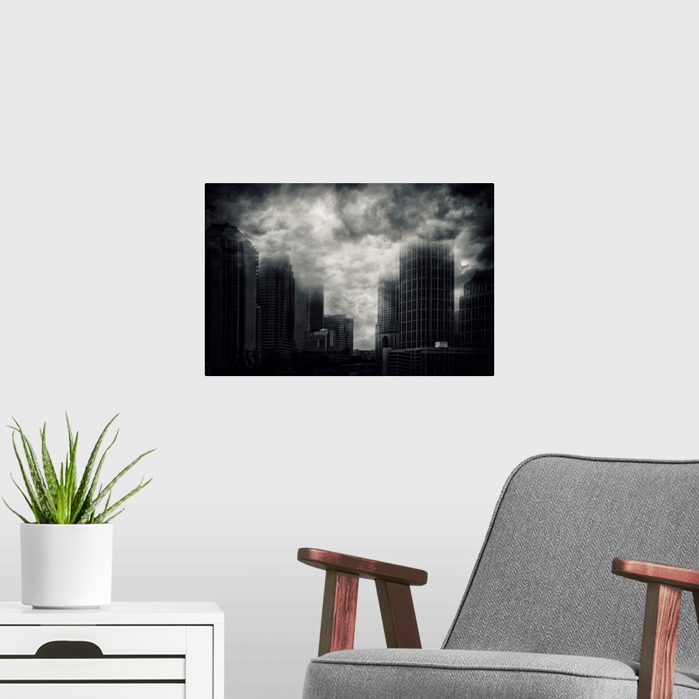 A modern room featuring Conceptual image of storm clouds covering the tops of skyscrapers in Atlanta, Georgia.