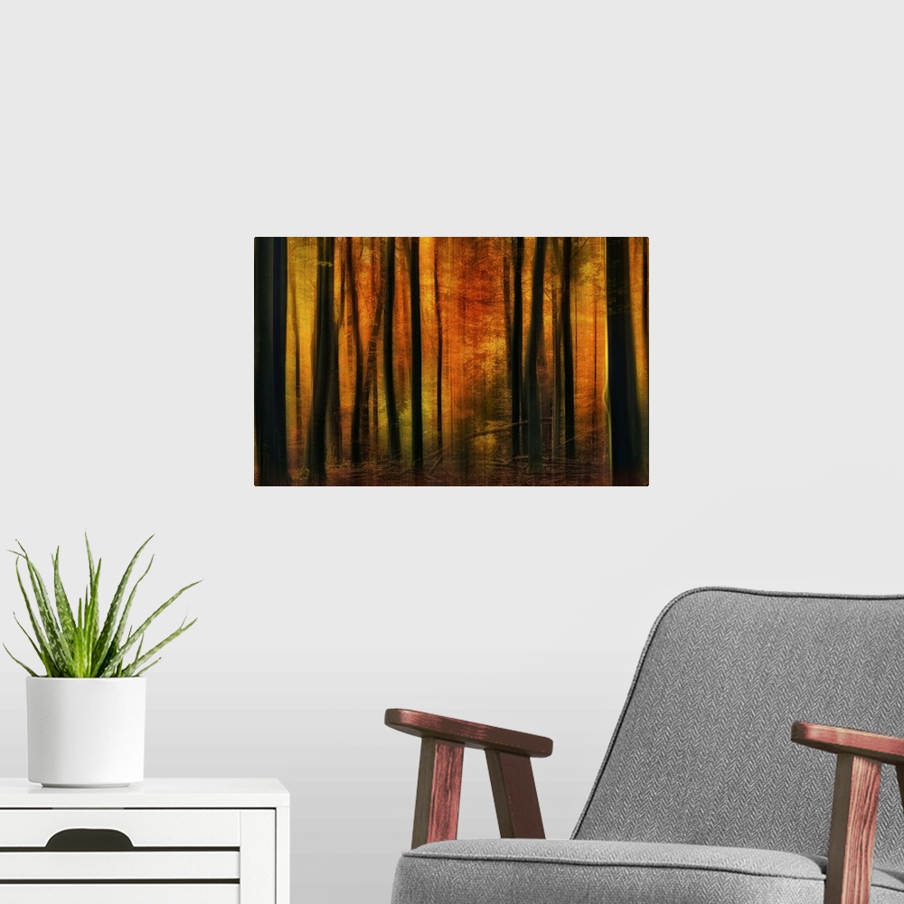 A modern room featuring An abstract scene of a warm autumn forest.