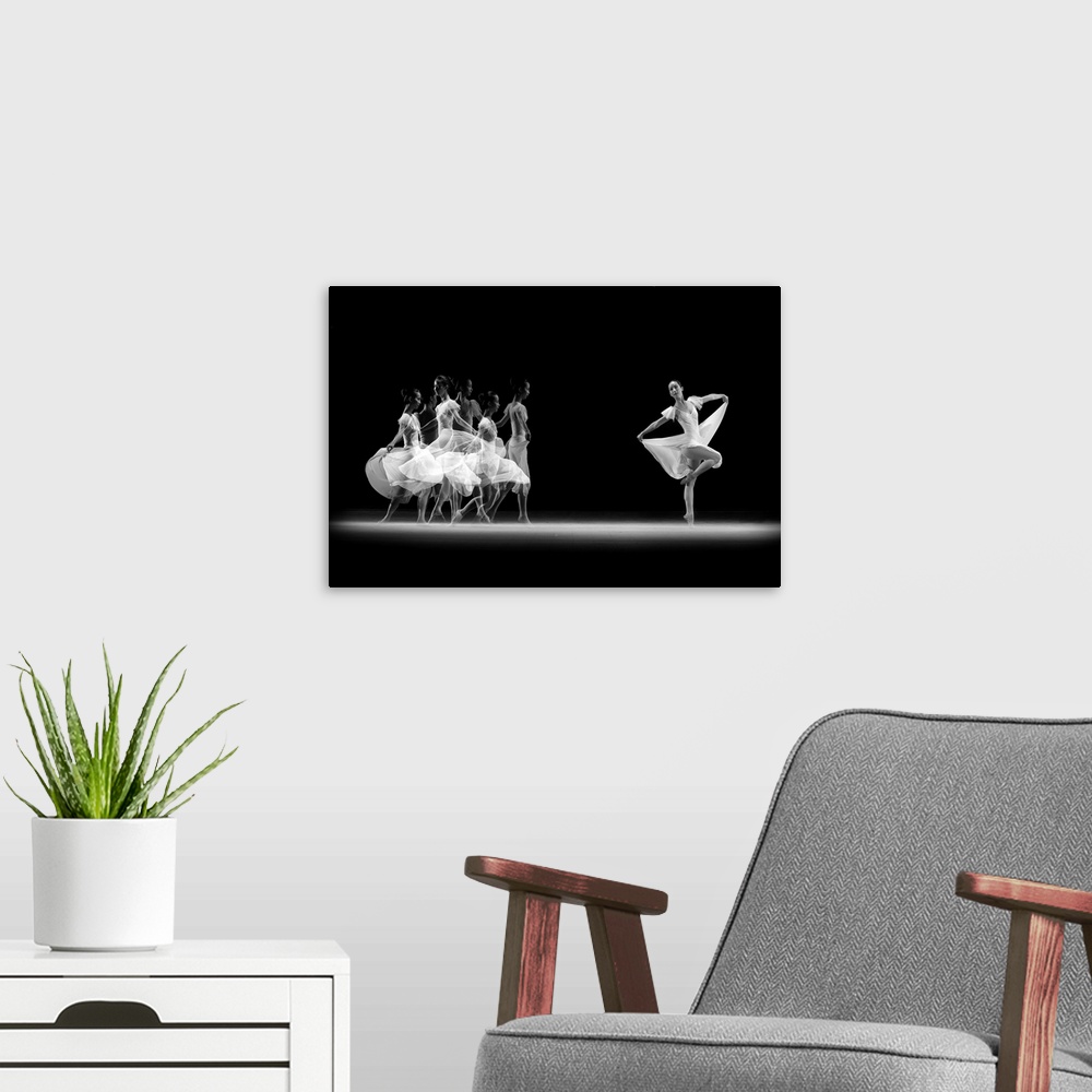 A modern room featuring Various poses of a ballerina in a white dress on a stage.