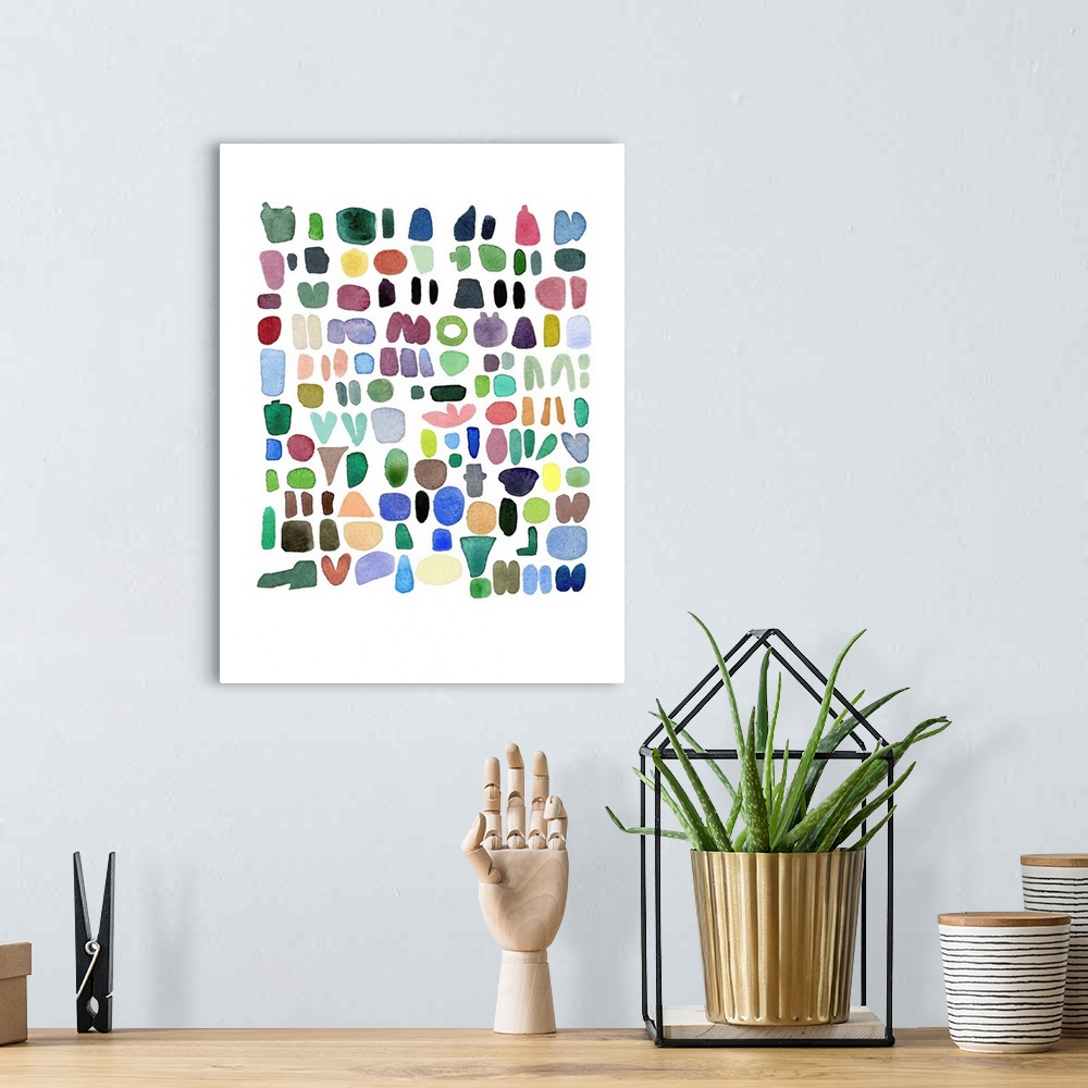 A bohemian room featuring A beautifully simple watercolor abstract of small shapes in complimentary colors on a white backg...