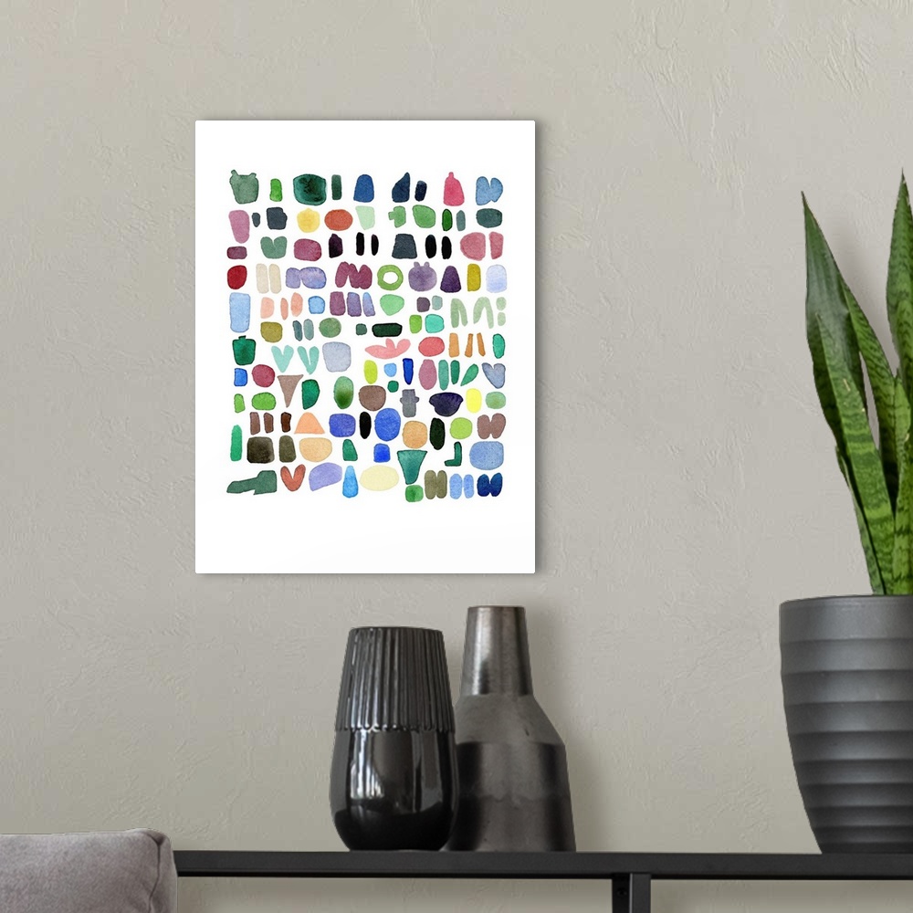 A modern room featuring A beautifully simple watercolor abstract of small shapes in complimentary colors on a white backg...