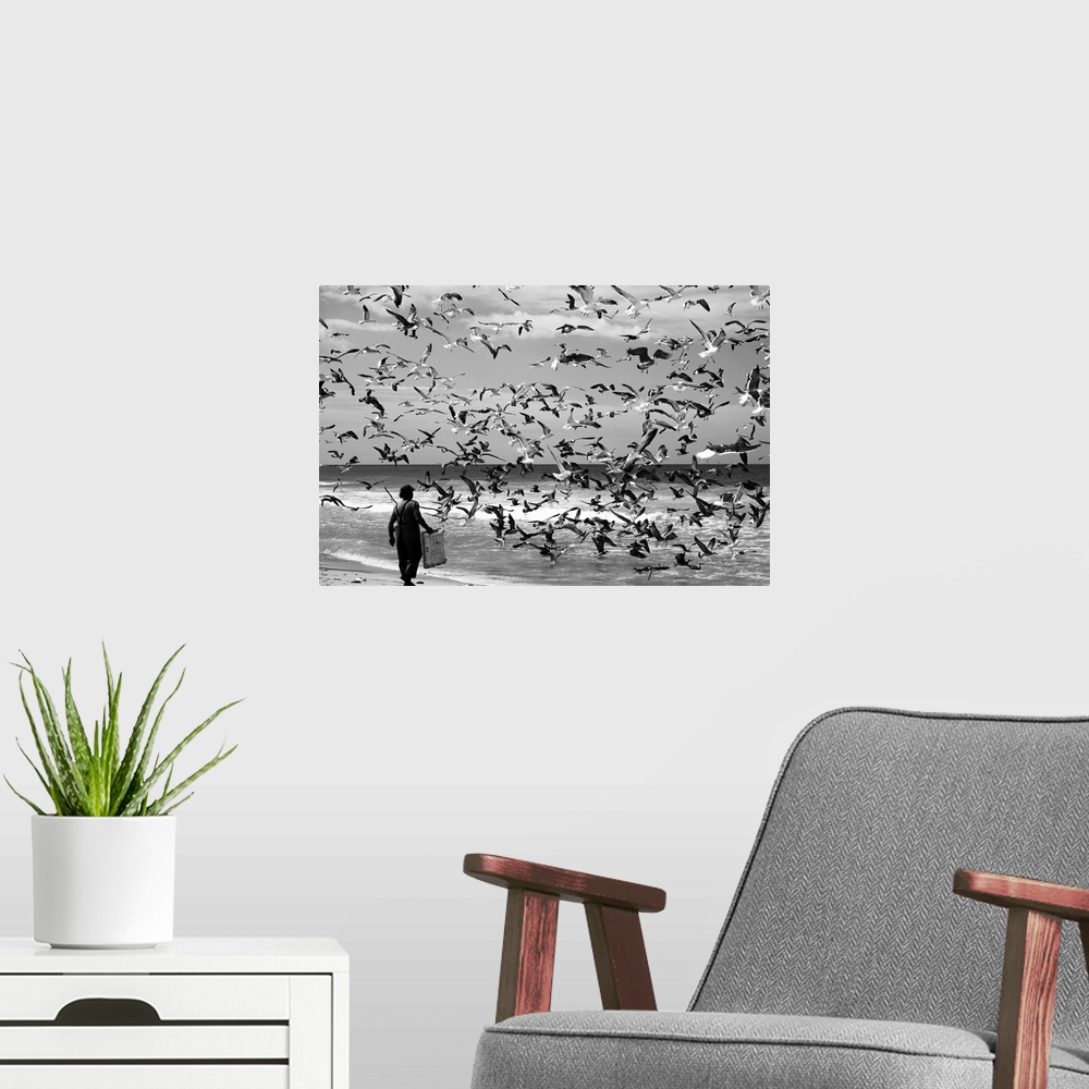 A modern room featuring A man on the beach with a large flock of sea gulls in the air.