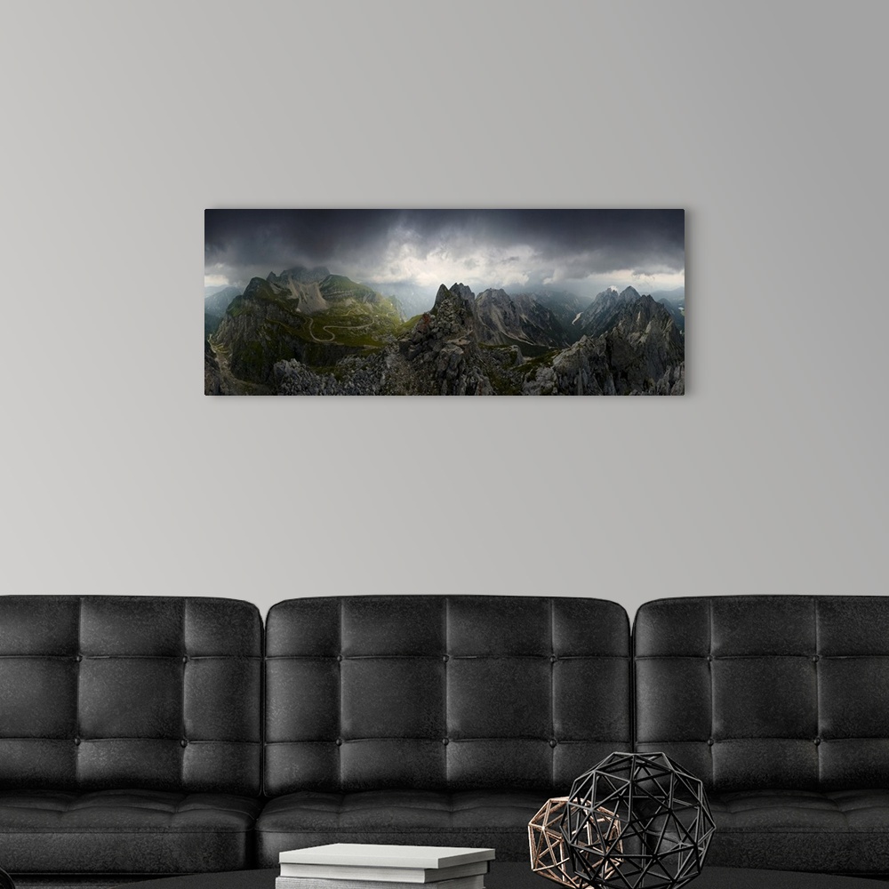 A modern room featuring Bizarre Mountain Panorama