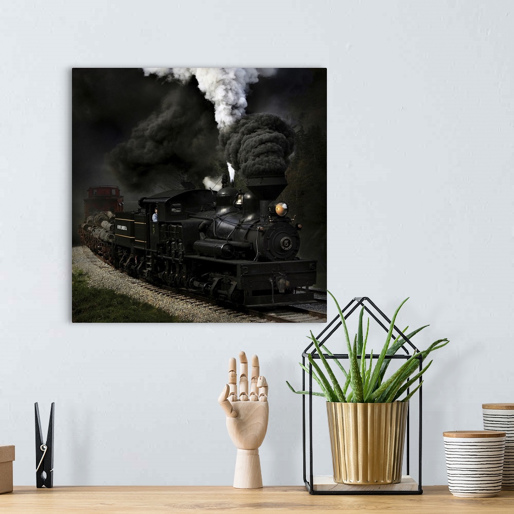 A bohemian room featuring A steam locomotive with billowing smoke coming out of its smokestacks.