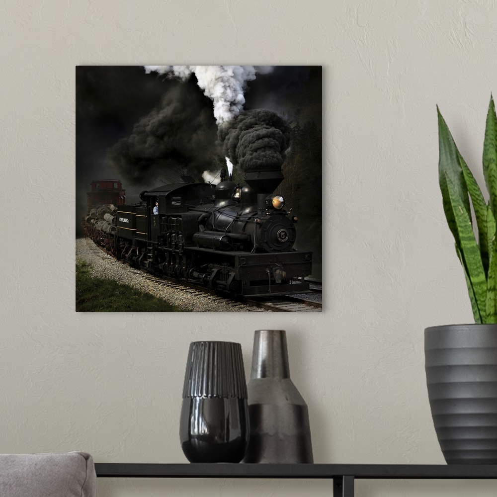 A modern room featuring A steam locomotive with billowing smoke coming out of its smokestacks.
