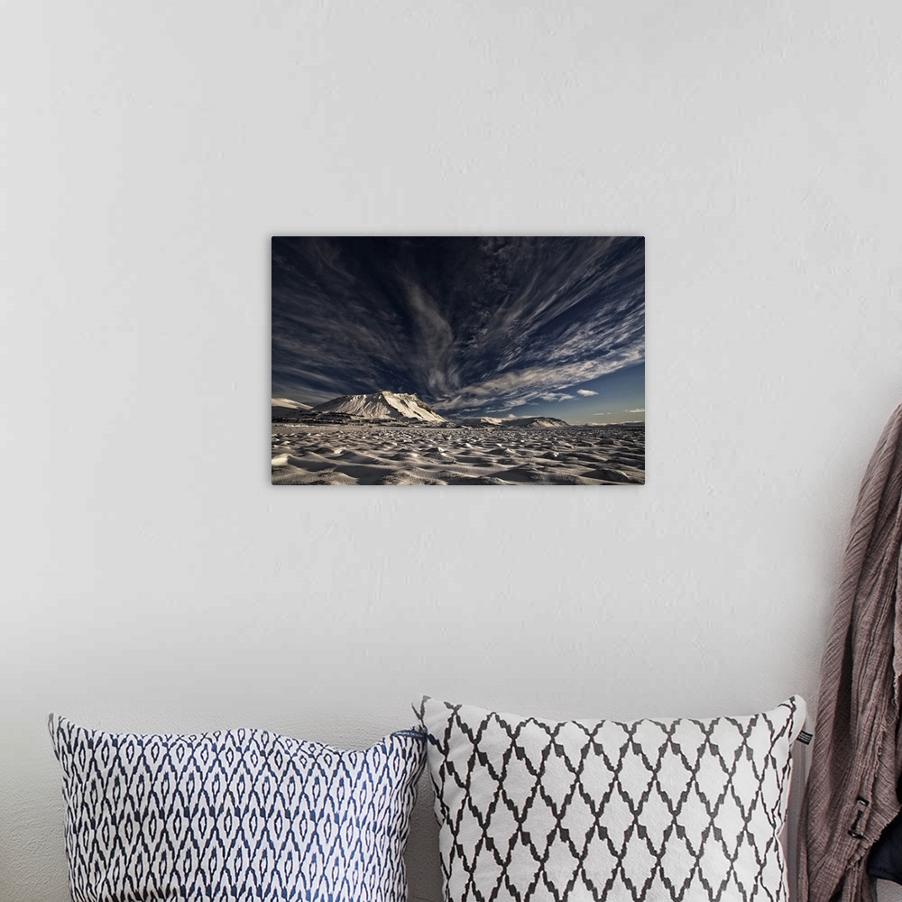 A bohemian room featuring A snowy landscape with Akrafjall Mountain in the distance, with streaks of clouds in the sky, Ice...