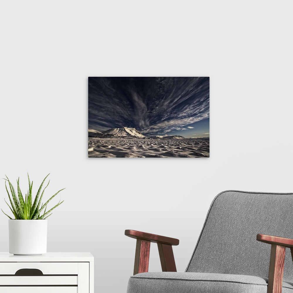 A modern room featuring A snowy landscape with Akrafjall Mountain in the distance, with streaks of clouds in the sky, Ice...