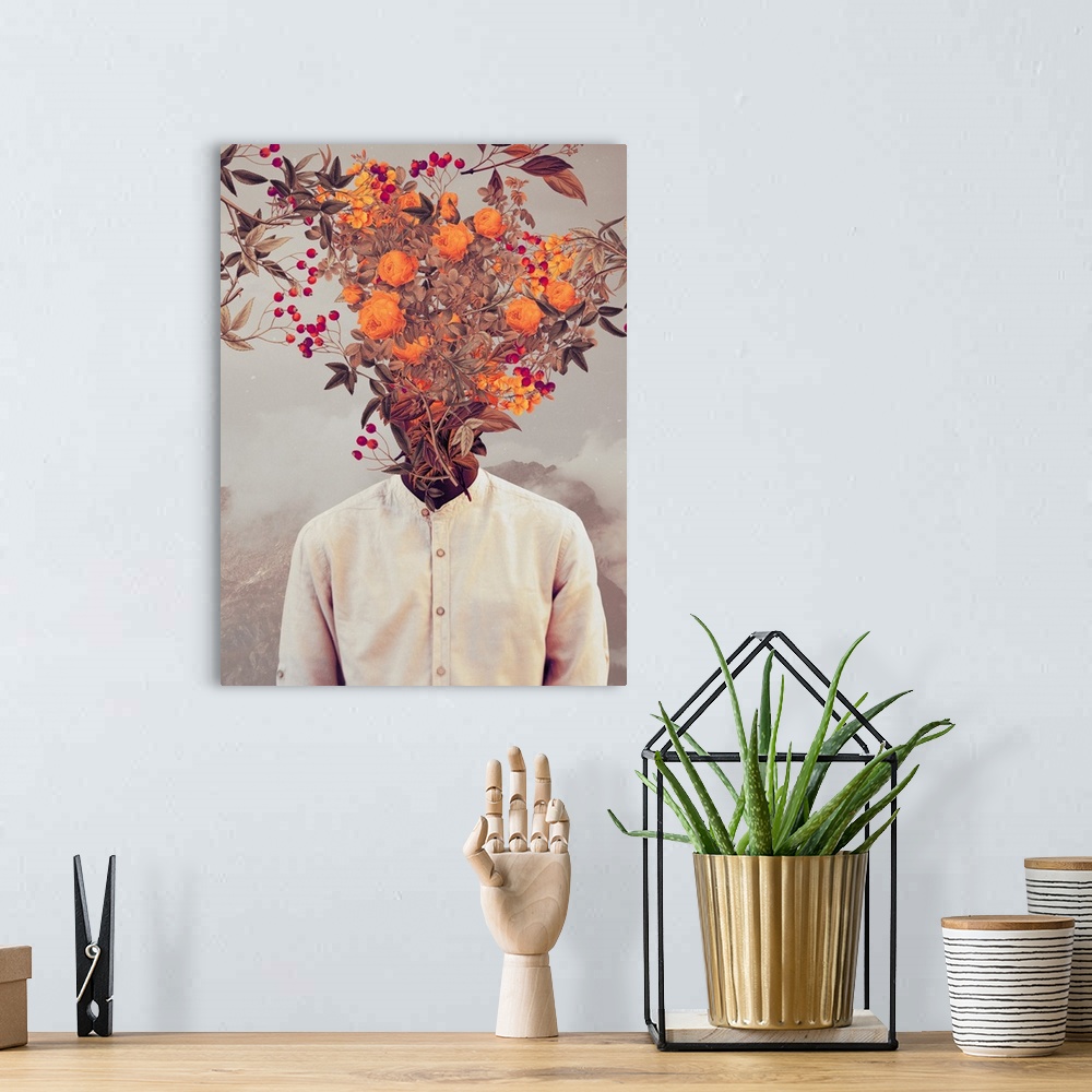 A bohemian room featuring A high impact surrealist collage portrait of a person in a white shirt who's head is completely c...