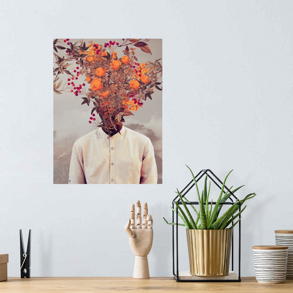 A bohemian room featuring A high impact surrealist collage portrait of a person in a white shirt who's head is completely c...