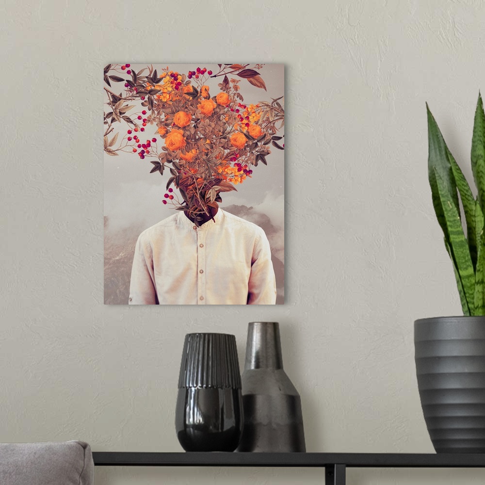 A modern room featuring A high impact surrealist collage portrait of a person in a white shirt who's head is completely c...