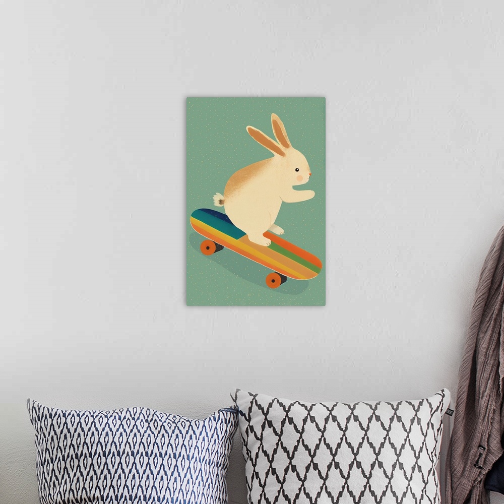 A bohemian room featuring Bunny On Skateboard