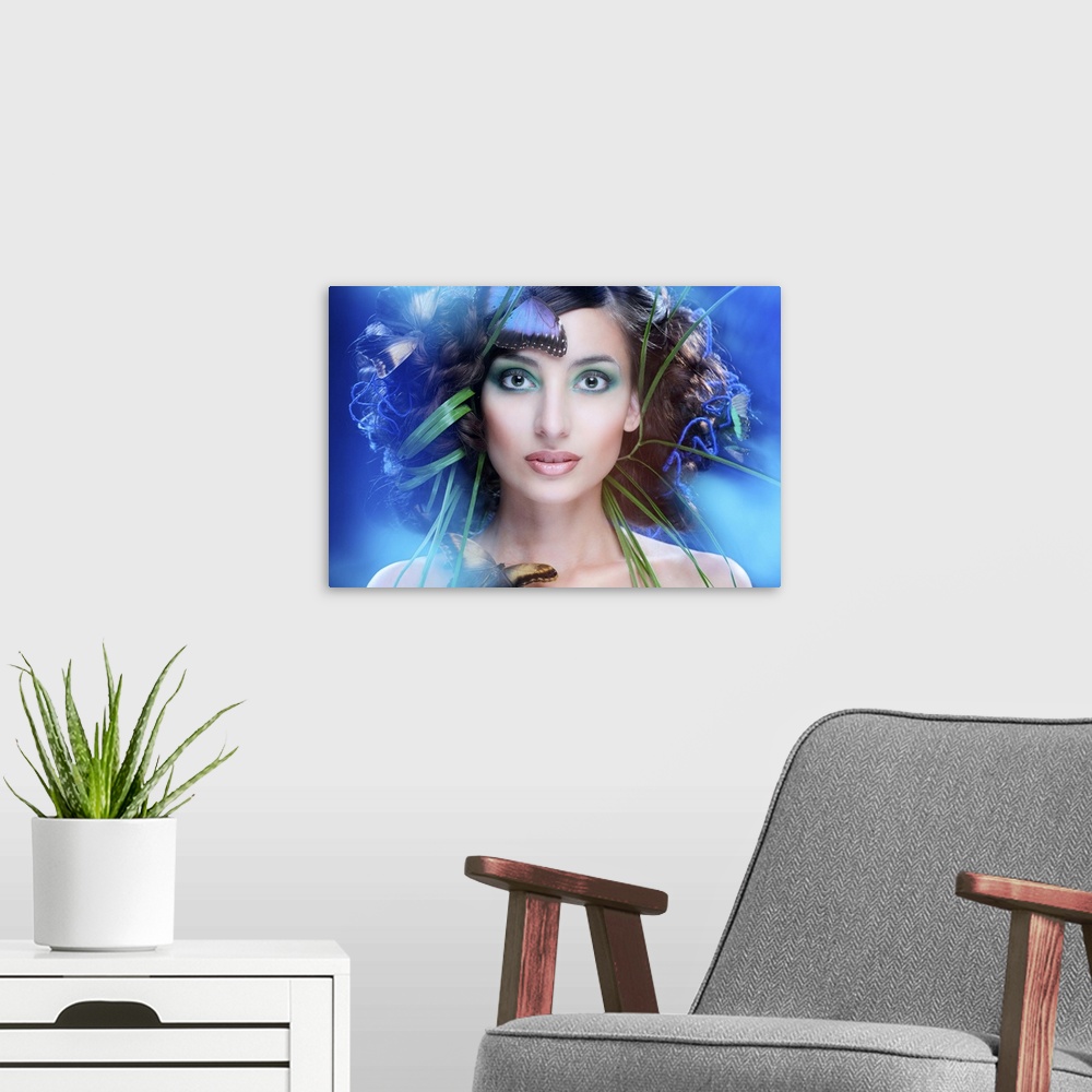 A modern room featuring Artistic portrait of a beautiful woman with green reeds and blue butterflies around her face.