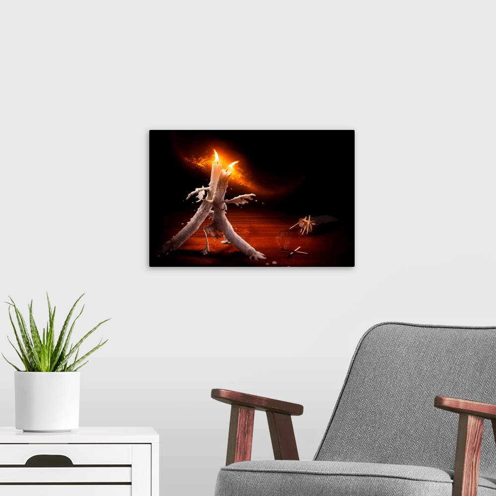 A modern room featuring Conceptual image of two lit candles dancing with melting wax.