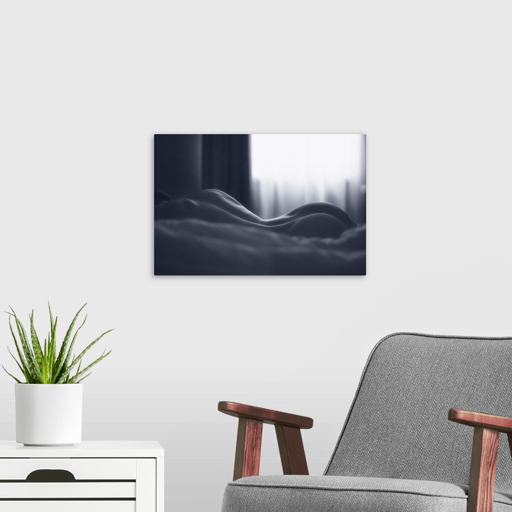 A modern room featuring A photograph of a nude female form seen in low light.