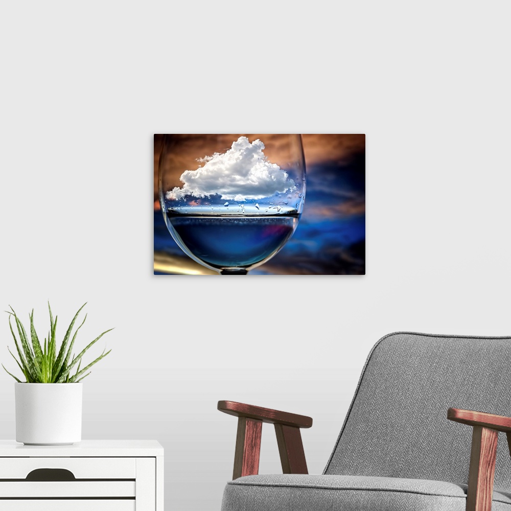 A modern room featuring A conceptual photograph of a white fluffy cloud sitting suspended in a drinking glass, against a ...