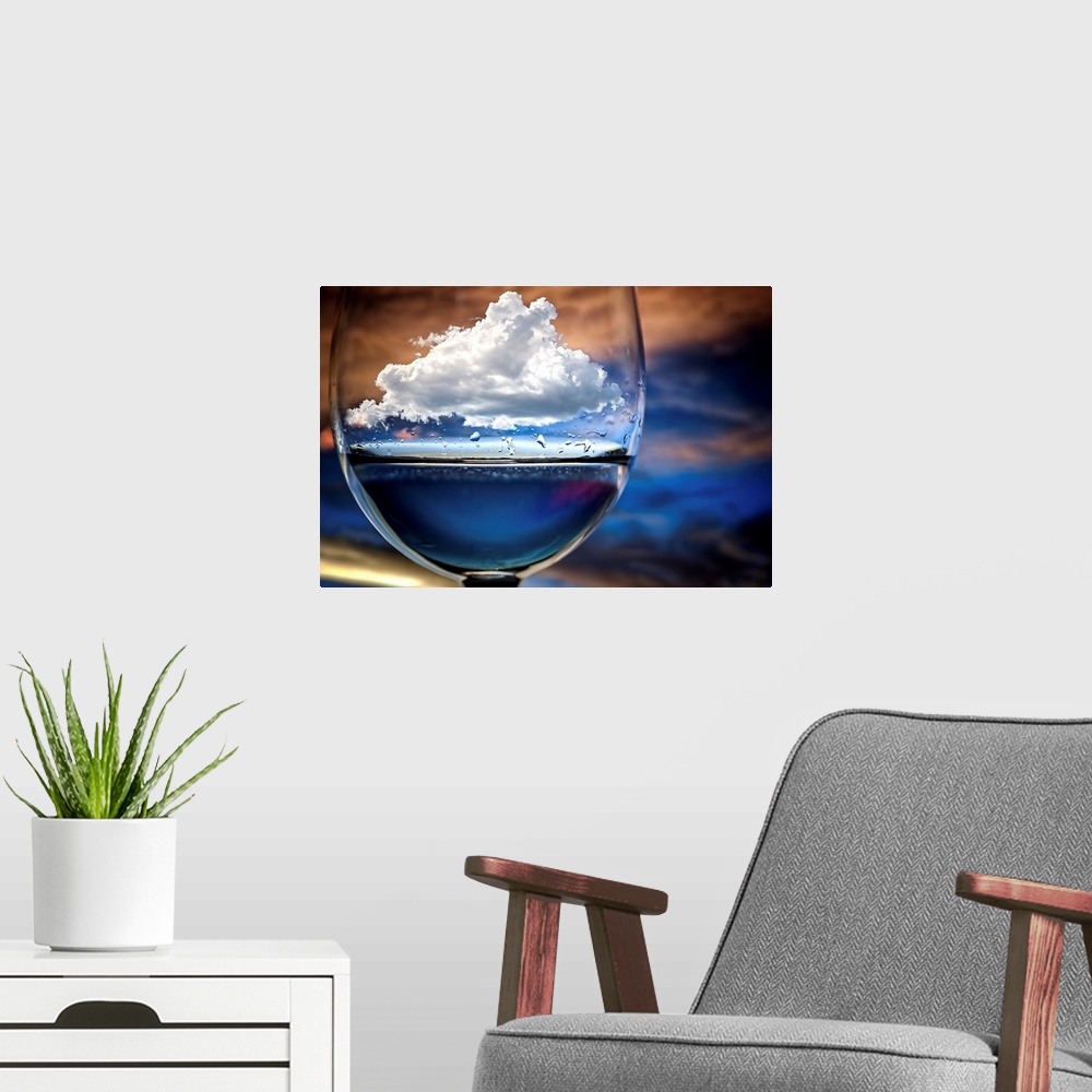 A modern room featuring A conceptual photograph of a white fluffy cloud sitting suspended in a drinking glass, against a ...
