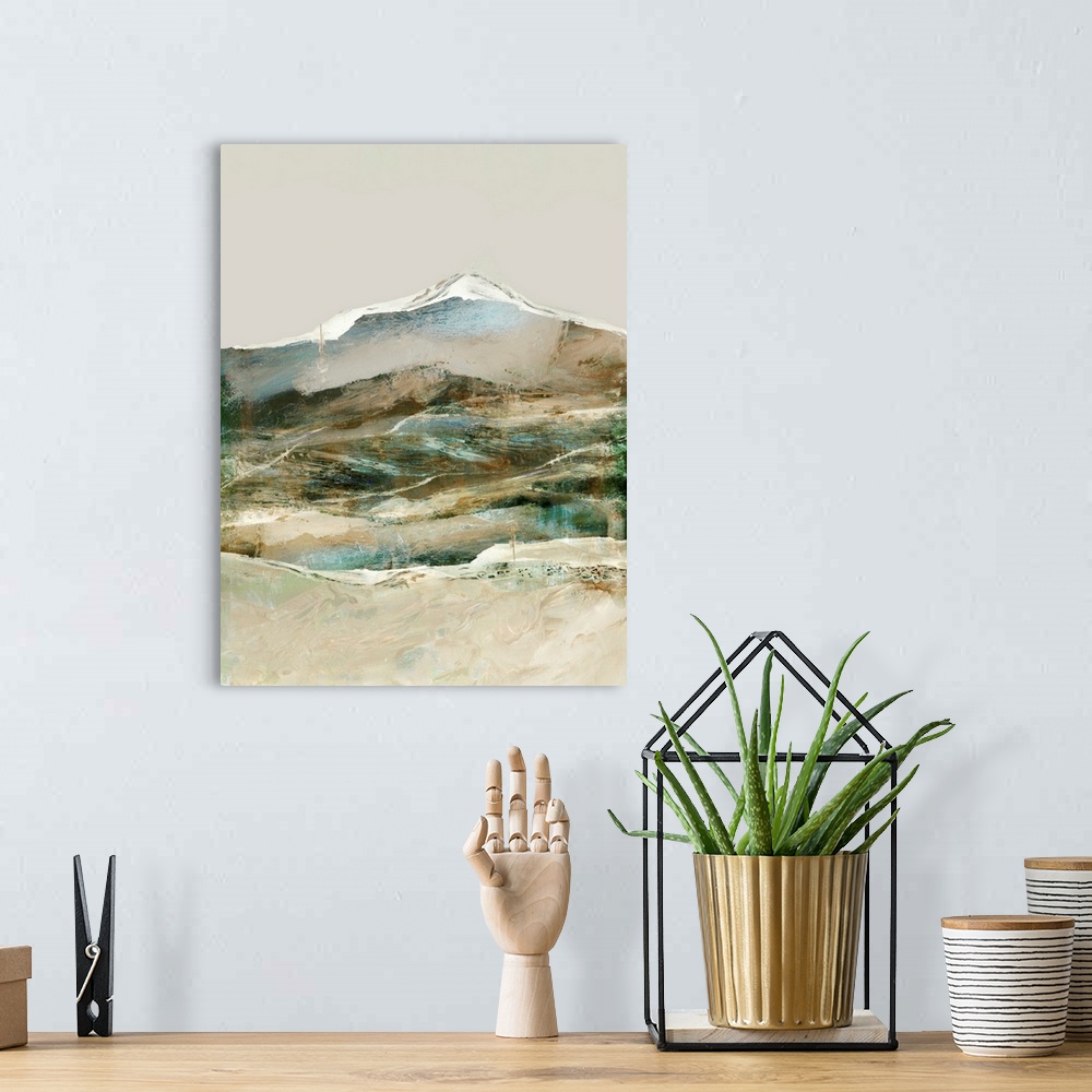 A bohemian room featuring A contemporary abstract landscape of rolling green and blue hills in front of a snow-capped mountain