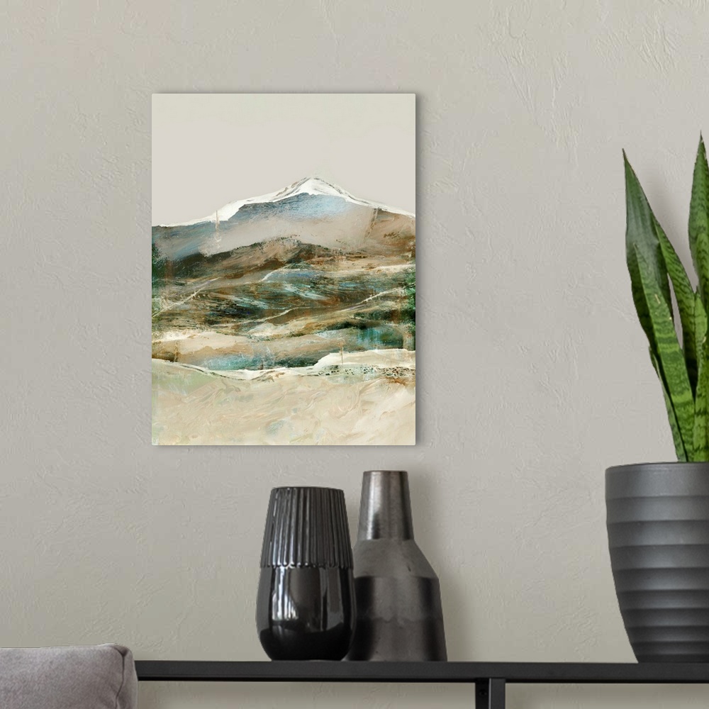 A modern room featuring A contemporary abstract landscape of rolling green and blue hills in front of a snow-capped mountain