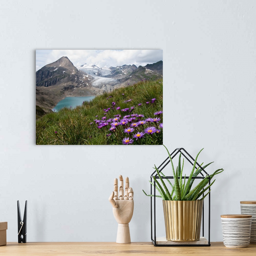 A bohemian room featuring A Swiss alps mountain range with a blue lake at the base of the range.