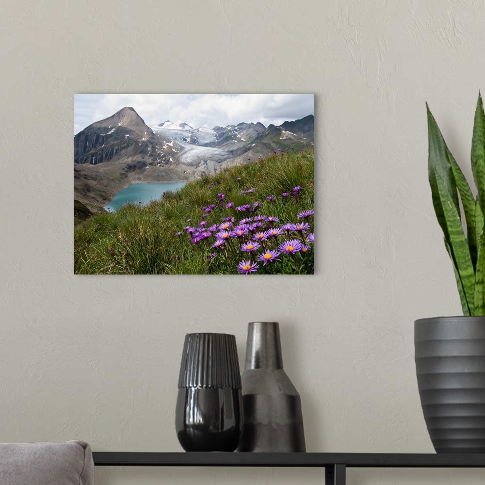 A modern room featuring A Swiss alps mountain range with a blue lake at the base of the range.