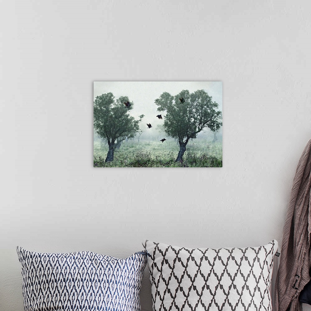 A bohemian room featuring Crows flying between two trees in a foggy landscape.