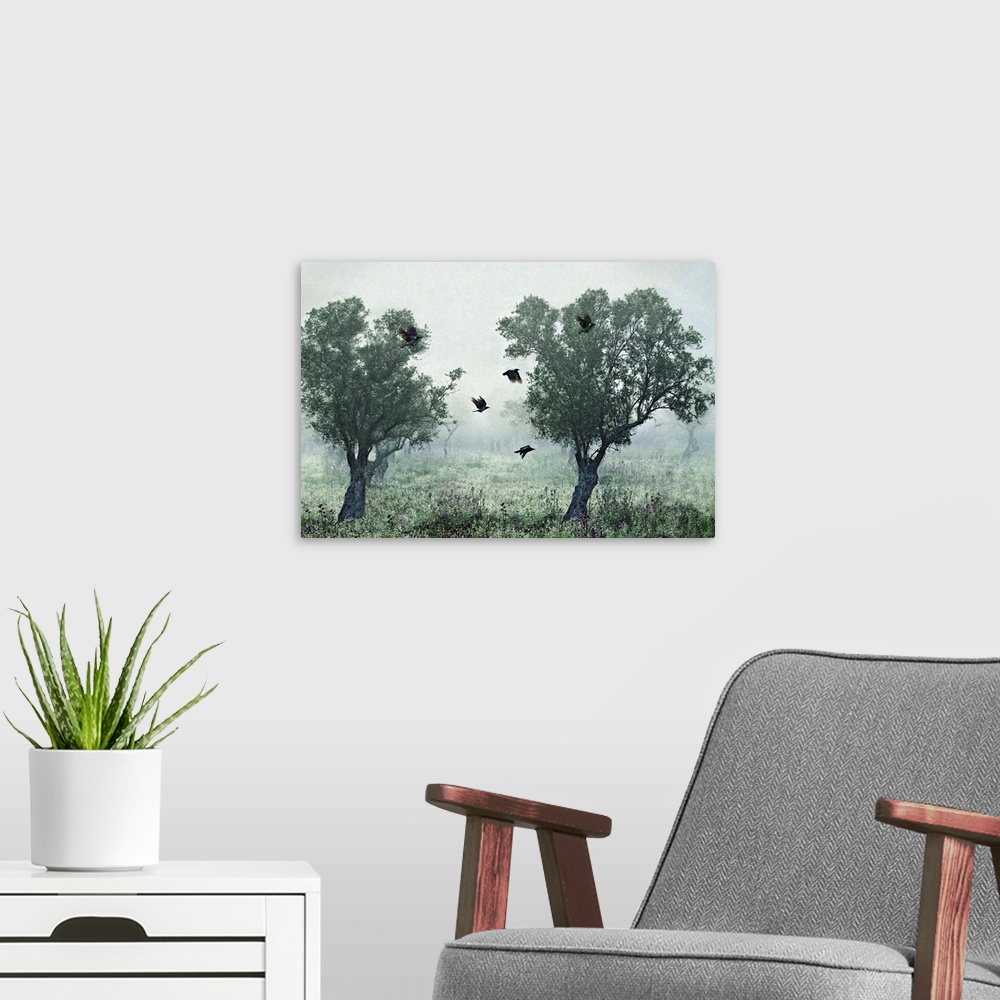 A modern room featuring Crows flying between two trees in a foggy landscape.