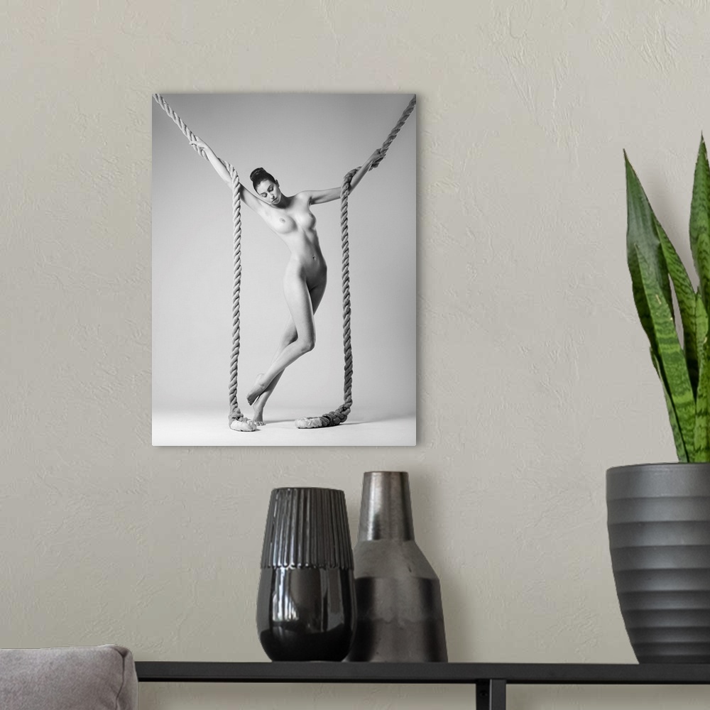 A modern room featuring Black and white fine art photograph of a nude woman intertwined with two large ropes.
