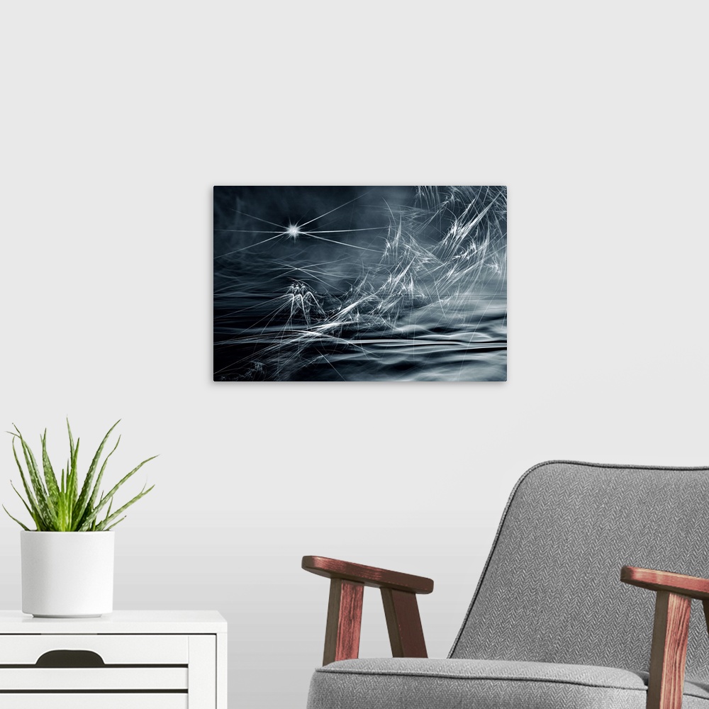 A modern room featuring Abstract digital art resembling an ocean with white lines sporadically throughout the image creat...
