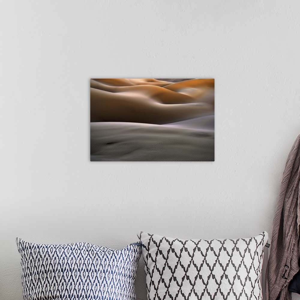 A bohemian room featuring Fine art photo of a desert landscape with large sand dunes.