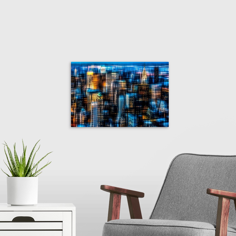 A modern room featuring An artistic photograph of New York city at night.