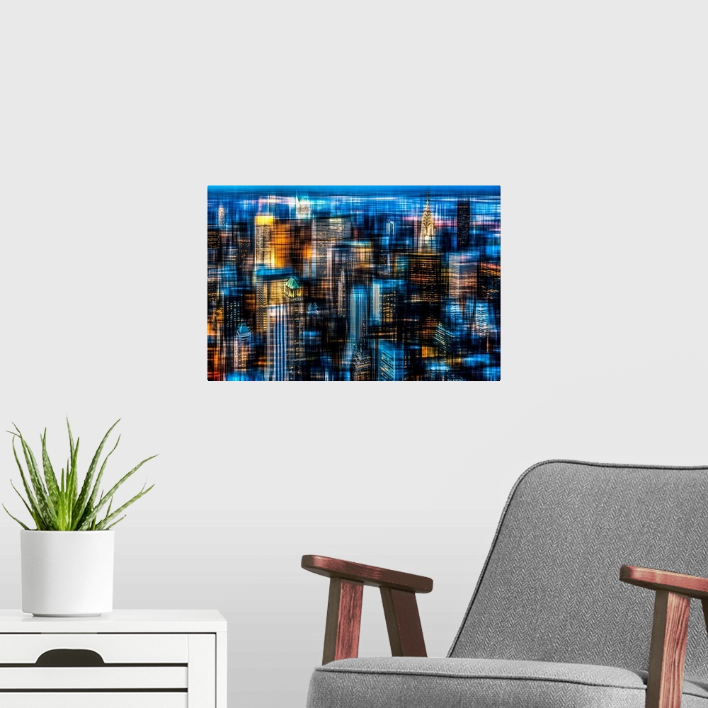 A modern room featuring An artistic photograph of New York city at night.