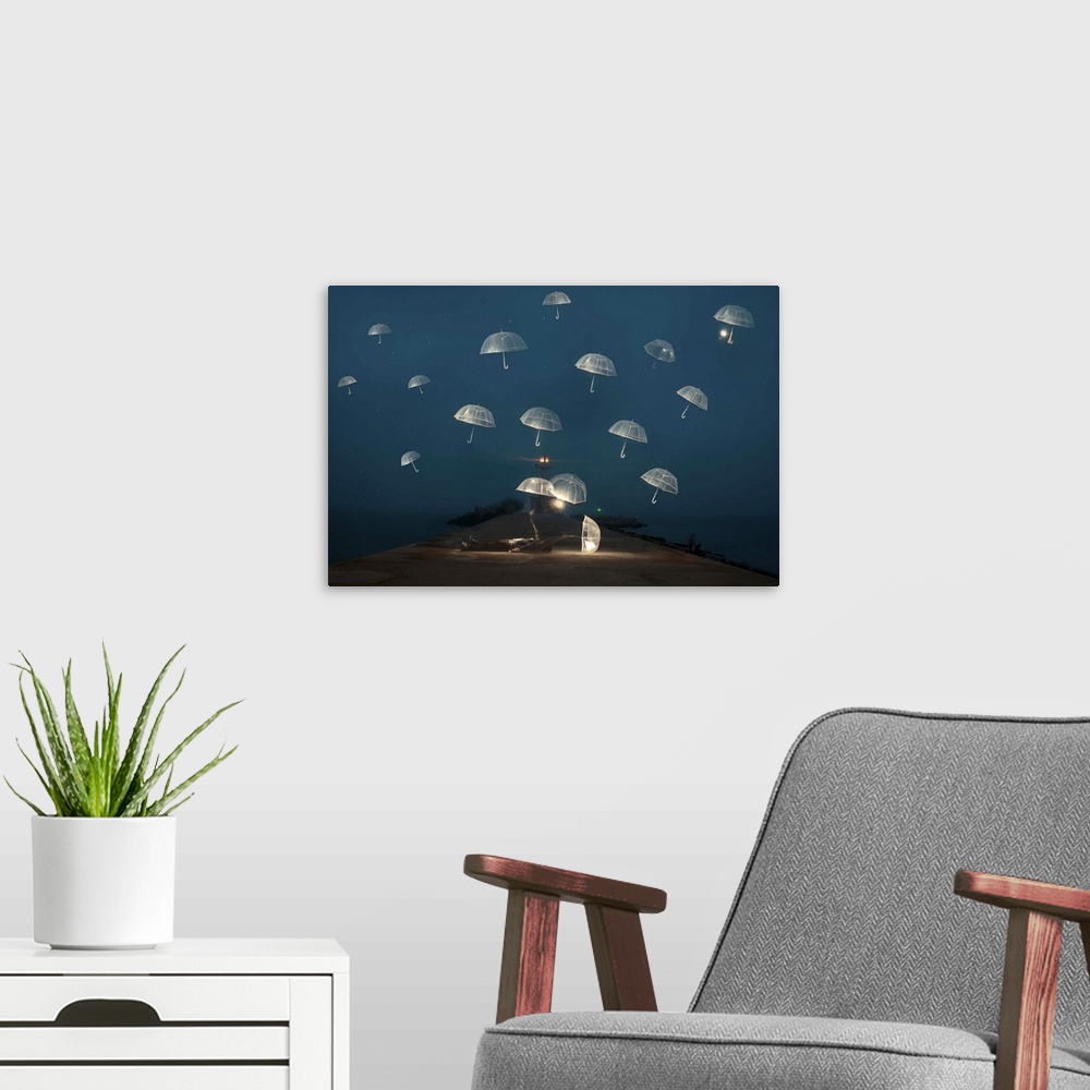 A modern room featuring Figure laying down on a pier wit ha lighthouse in the distance, releasing white umbrellas into th...