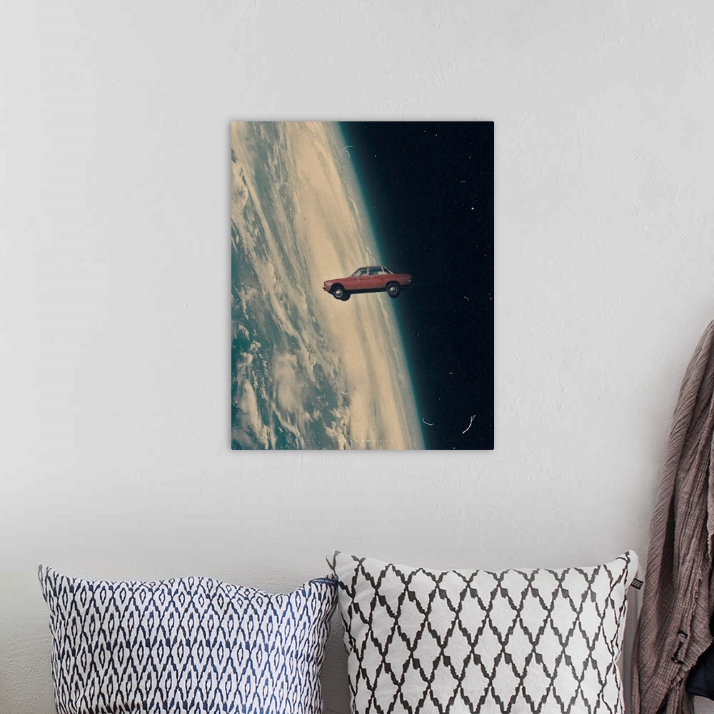 A bohemian room featuring A surrealist collage illustration of a vintage car flying in space, in the style of retro futurism