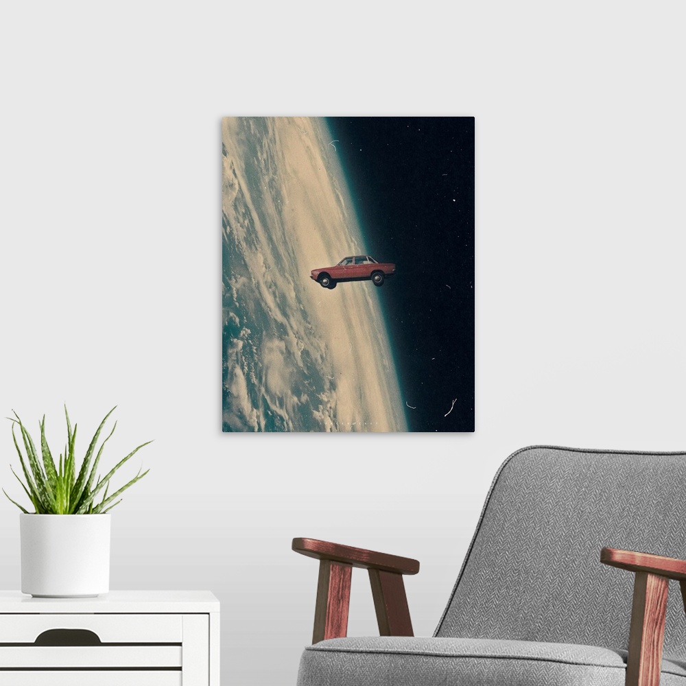 A modern room featuring A surrealist collage illustration of a vintage car flying in space, in the style of retro futurism