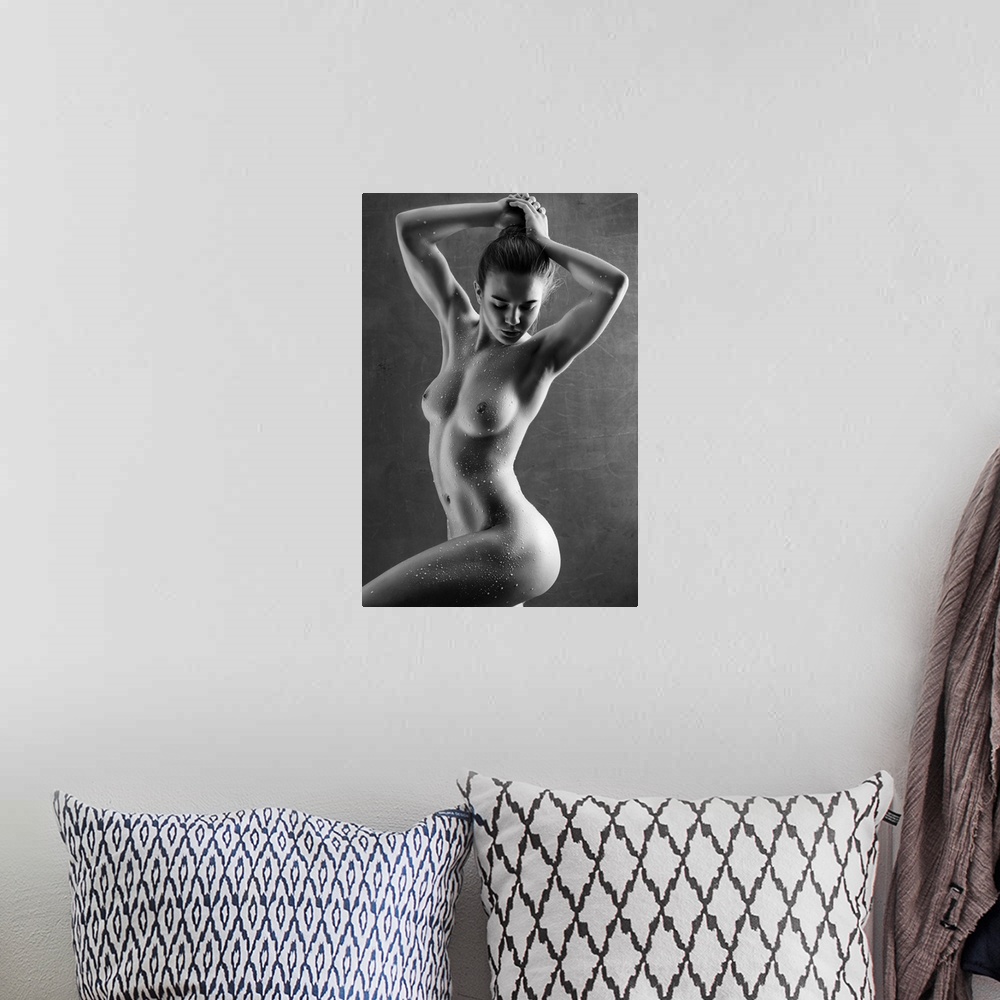 A bohemian room featuring Elegant black and white fine art photograph of a nude woman posing with water drops all over her ...