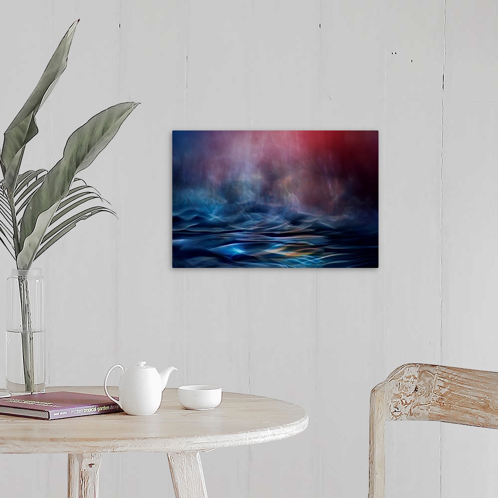 A farmhouse room featuring Abstract image made of blurred light and color, resembling an ocean in the evening.