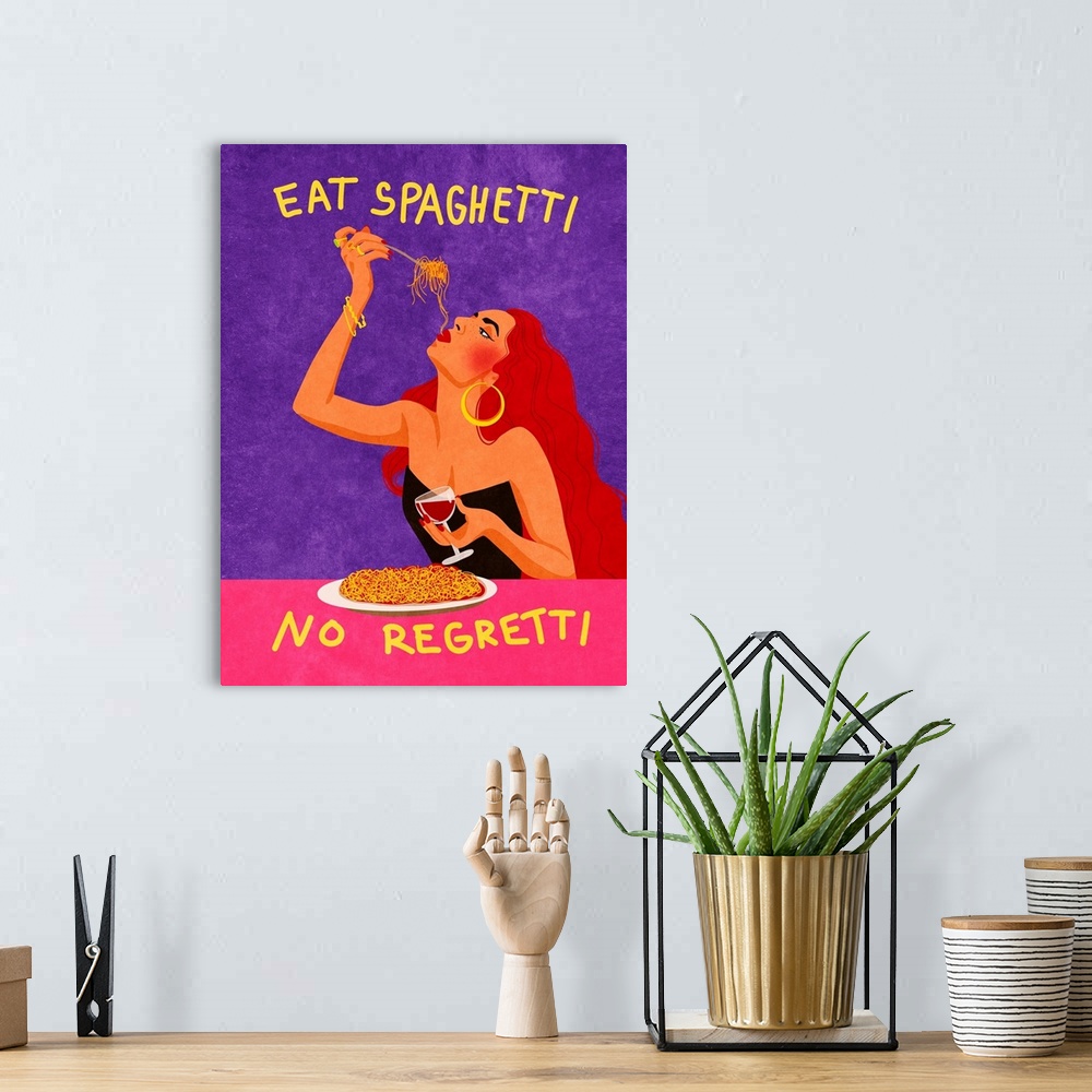 A bohemian room featuring Eat Spaghetti, No Regretti
