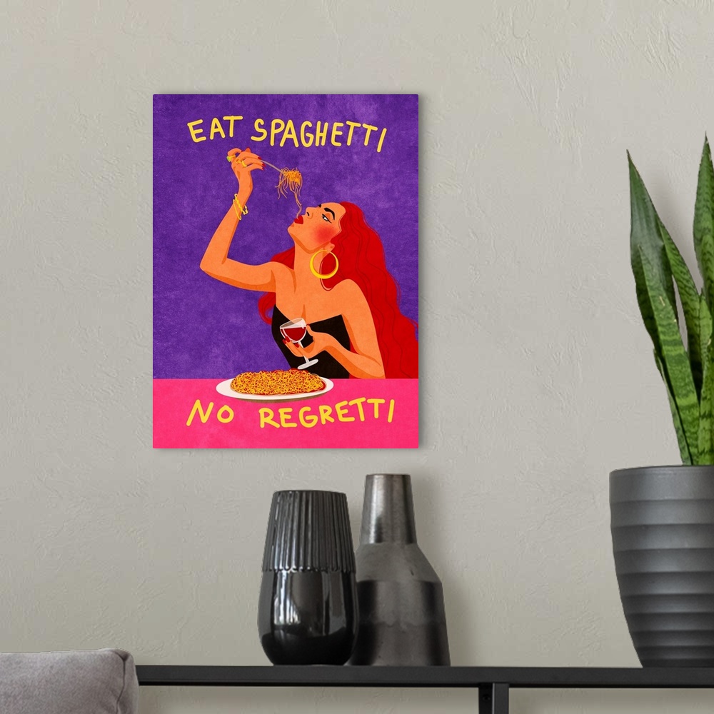 A modern room featuring Eat Spaghetti, No Regretti