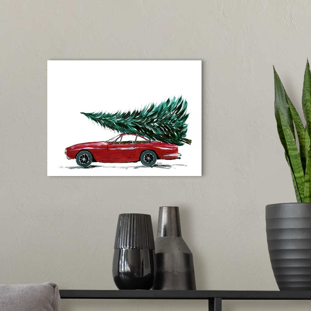 A modern room featuring Eighties Car Carrying A Christmas Tree