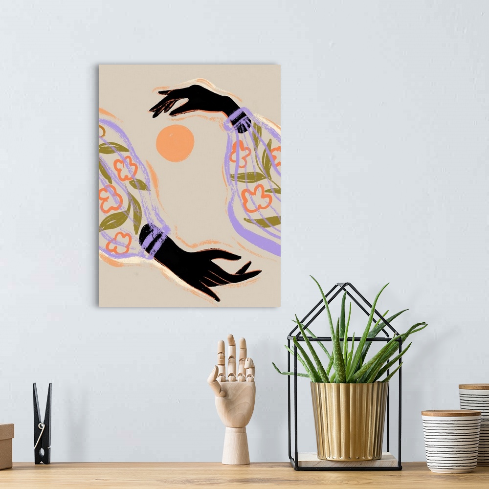 A bohemian room featuring A contemporary illustration of two dark black hands in flowery sleeves around an orange orb repre...